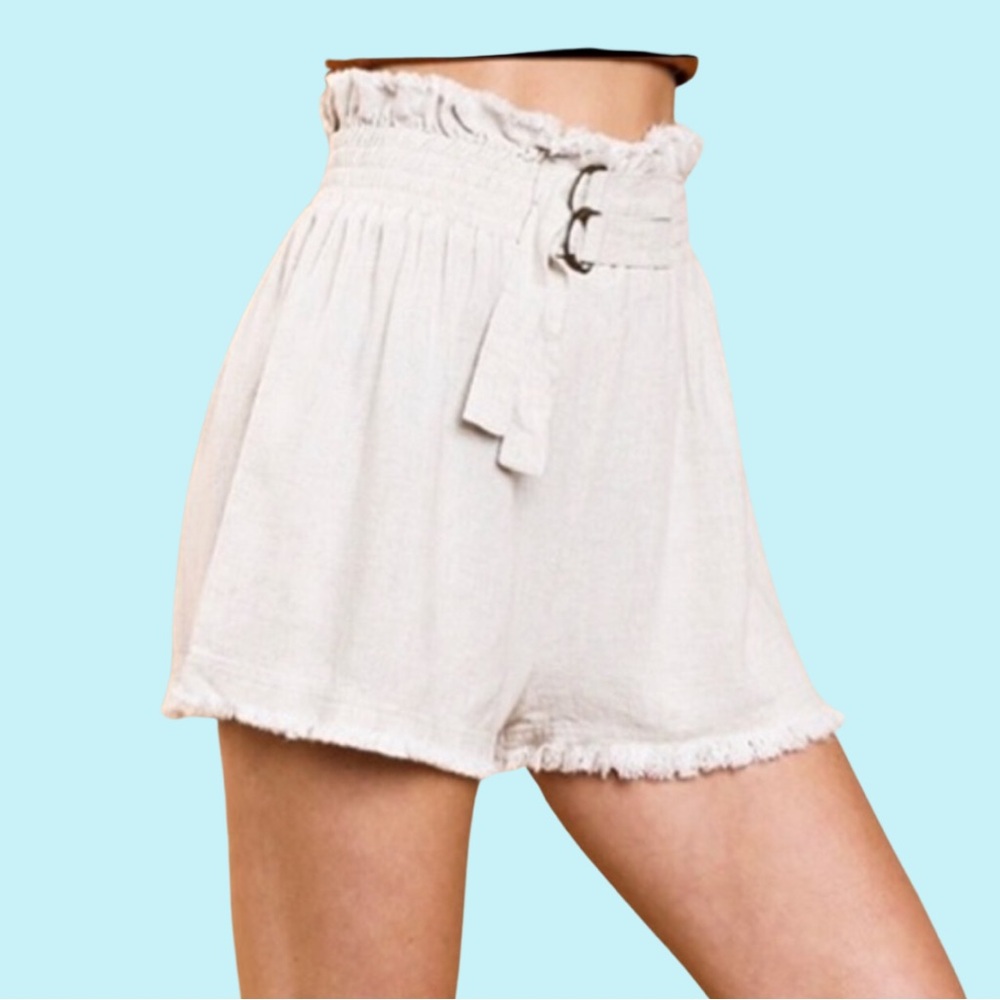 BOUTIQUE ITEM- LINEN BLEND SHORTS WITH RAW FRINGE HEM, ELASTIC WAIST